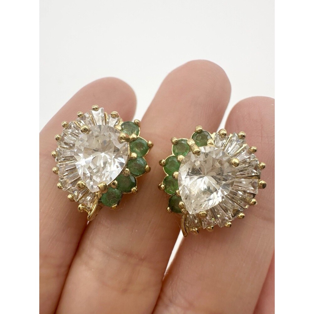 Vintage Gold Plated Genuine Emerald C Z Pierced Earrings
